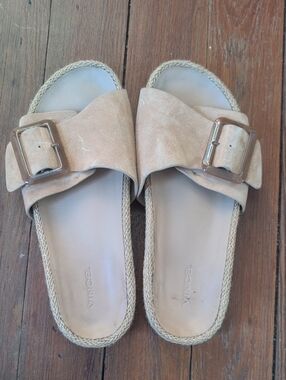 Vince Beige Suede Buckle Slide Sandals